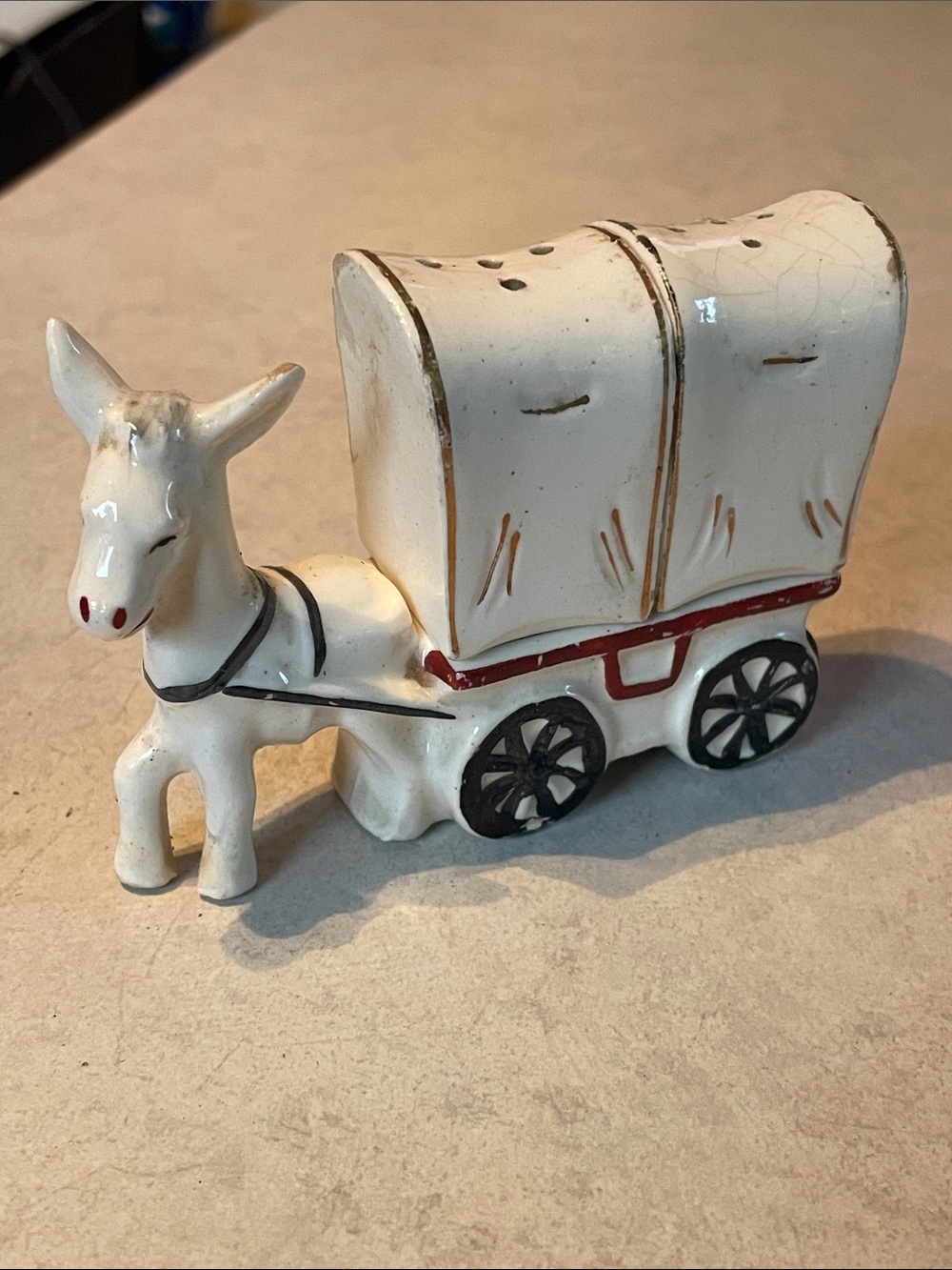 Vintage Salt and Pepper Shaker Donkey Covered Wagon Japan 3pc Coney Island